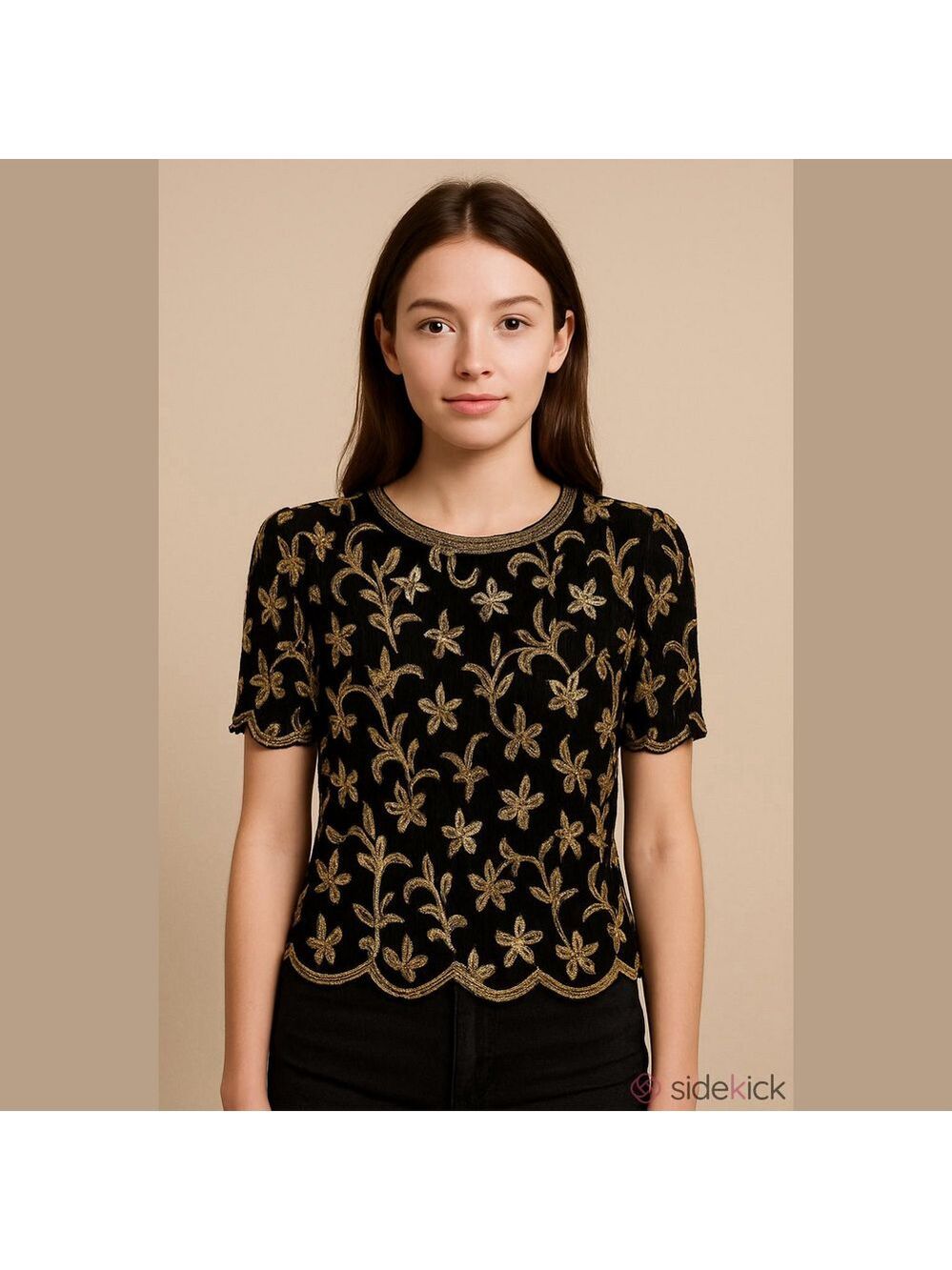 Vintage Stenay Black Silk Top with Gold Floral Beaded Embroidery 100% silk